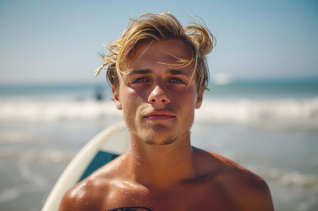 homem loiro bonito com uma prancha de surf na costa do oceano recreação ativa e esportes