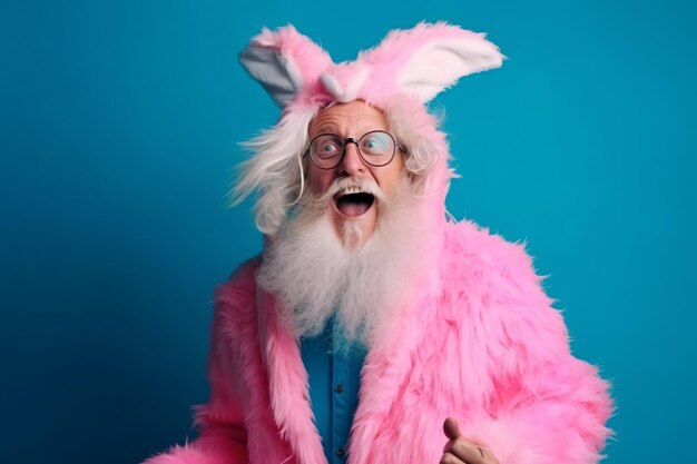 Homem louco velho vestindo traje de coelho rosa em um fundo azul