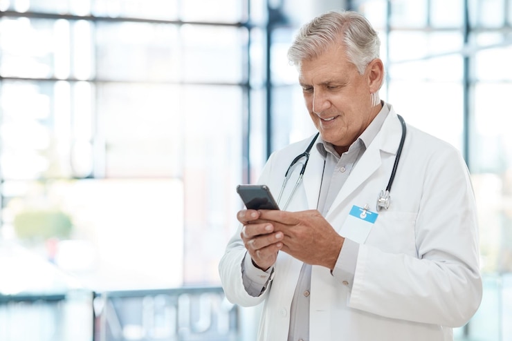 Foto homem maduro de saúde e médico com digitação de telefone celular e internet com conexão no hospital pessoa médica e profissional com aplicativo de smartphone e pesquisa para diagnóstico e agendamento on-line