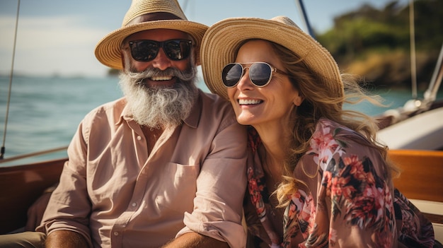 homem maduro feliz e mulher em óculos de sol sorrindo enquanto está sentado em um barco