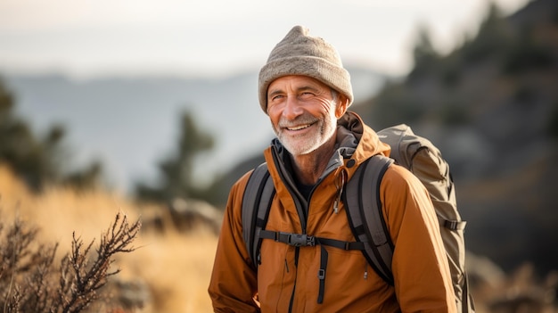 Homem mais velho, caminhando na natureza com uma bengala