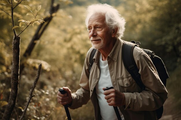 Homem mais velho caminhando pela natureza com rosto feliz Viajando selvagem vista da colina ativa Gerar Ai