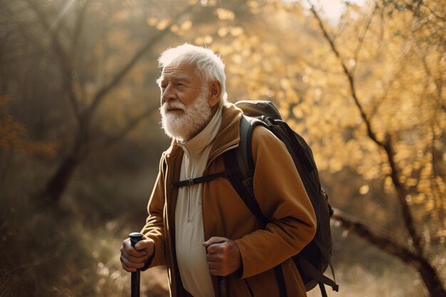 Homem mais velho caminhando pela natureza Natureza aventura ao ar livre outono adulto Generate Ai