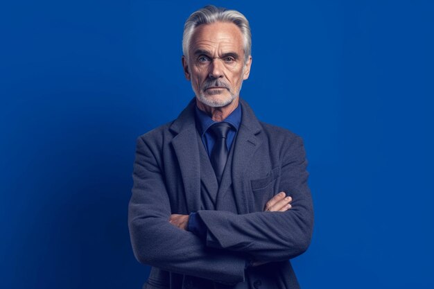 Foto homem mais velho e elegante de terno de negócios posa graciosamente contra um fundo azul sereno