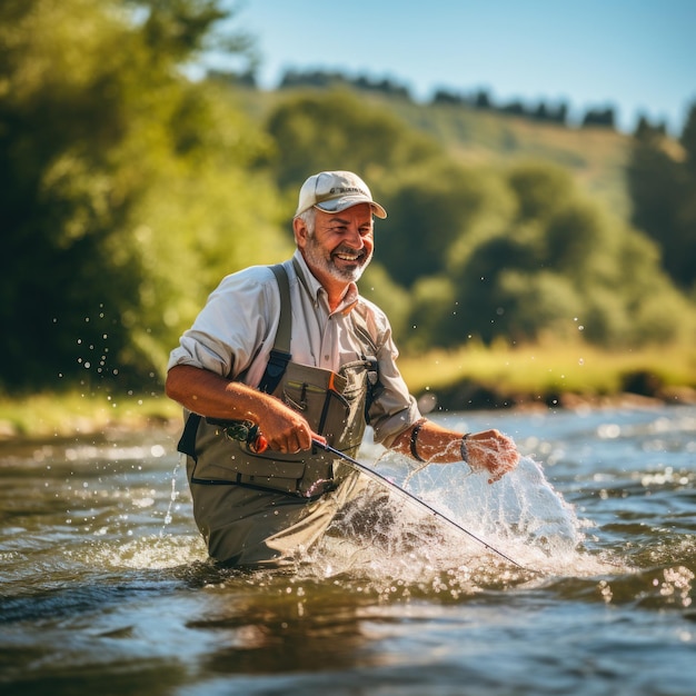 Homem mais velho pegando um peixe enquanto pescava com mosca em um rio