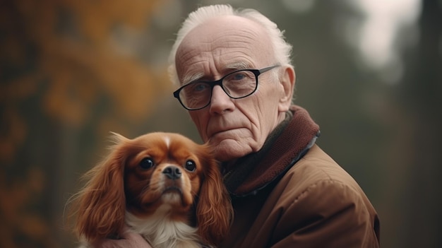 homem mais velho segurando um cão em seus braços em uma floresta generativa ai