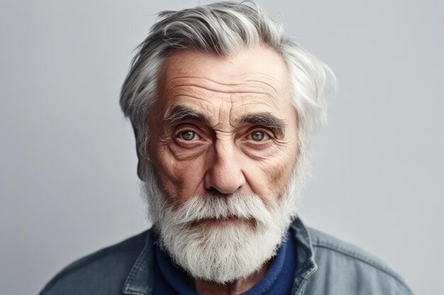 Homem mais velho sério em casual com barba tiro na cabeça retrato aposentado de cabelos cinzentos posando de pé isolado contra fundo de parede branca close up retrato masculino conceito de idade idosa