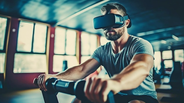 Homem malhando em uma máquina de remo enquanto usava um fone de ouvido de realidade virtual e IA generativa em uma academia em casa