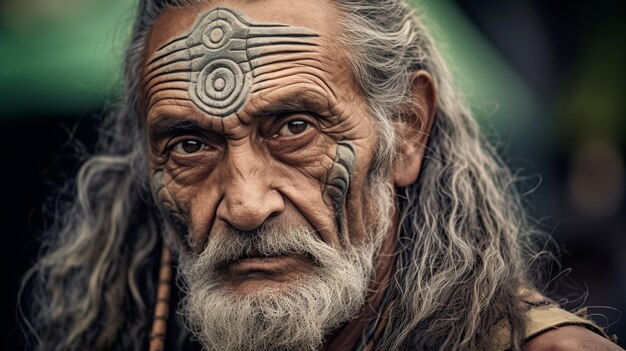 Foto homem maori com rosto pintado olhando para a câmera retrato em close-up