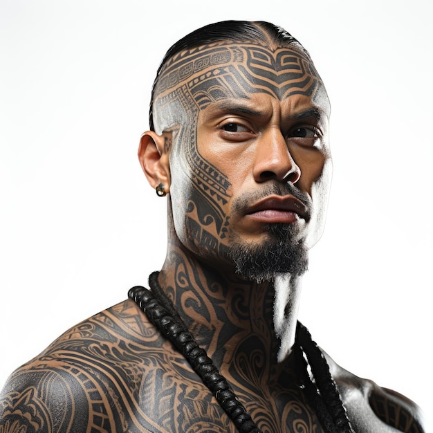 Homem maori tradicional com tatuagens