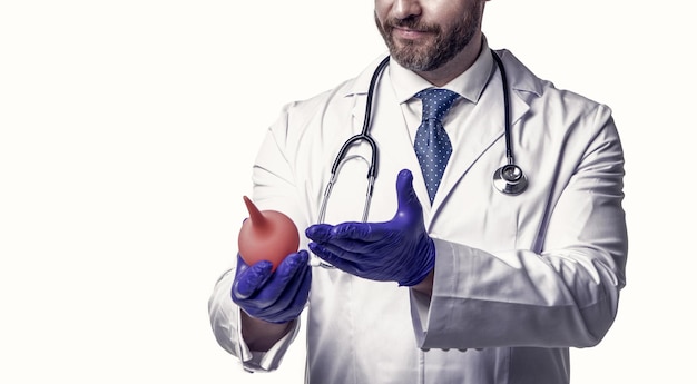 Homem médico vista de colheita isolada em branco Médico de jaleco branco