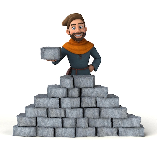 Homem medieval de desenho animado 3D divertido construindo uma parede