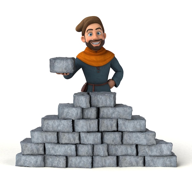 Homem medieval de desenho animado 3d divertido construindo uma parede