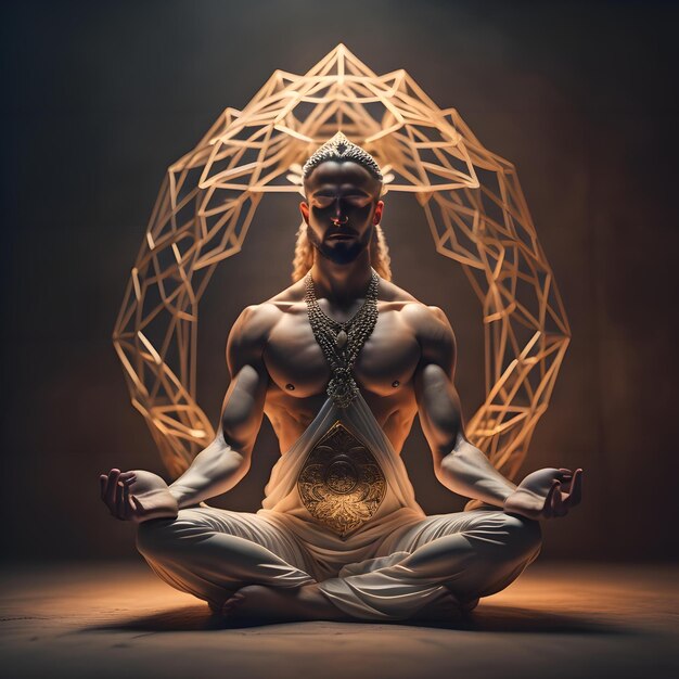 Homem meditando em postura de lótus com geometria sagrada em fundo generativo ai