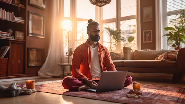 Homem meditando enquanto usa laptop na sala de estar