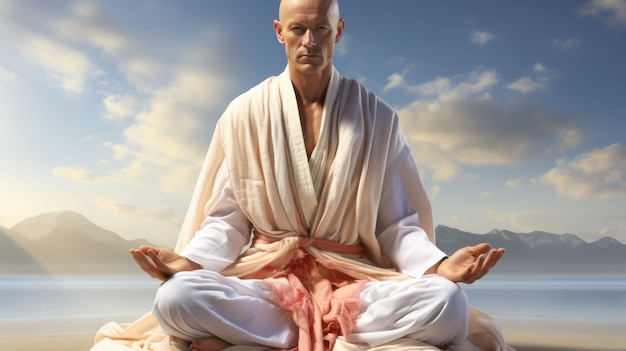 Homem Meditando Na Praia