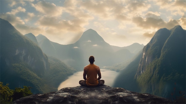 Homem meditando no topo de uma montanha com um vale ao fundo