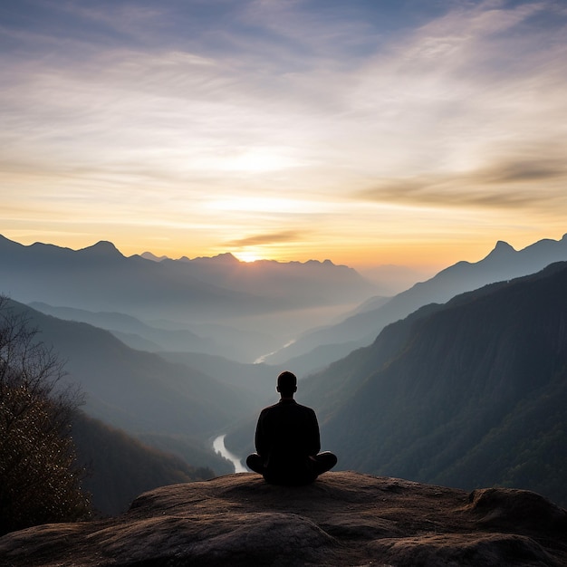 homem meditando no topo de uma montanha