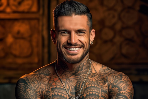 Homem mexicano com desenho de tatuagem na pele