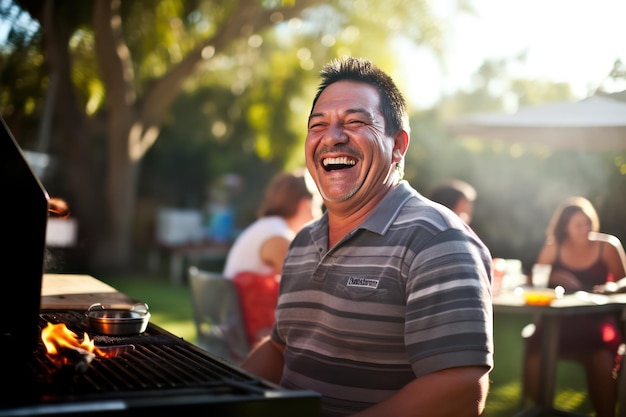 Foto homem mexicano de meia-idade, na casa dos 40 anos, saboreando um alegre churrasco em família em um fim de semana relaxante