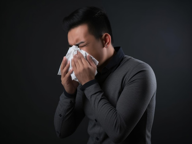 Homem mexicano é mostrado sofrendo de frio com nariz escorrendo em fundo cinzento