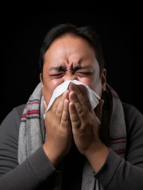 Homem mexicano é mostrado sofrendo de frio com nariz escorrendo em fundo cinzento