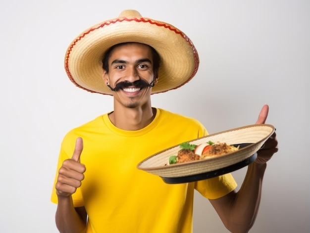 Homem mexicano em pose emocional em fundo branco