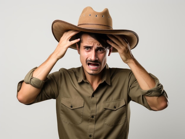 Homem mexicano em pose emocional em fundo branco