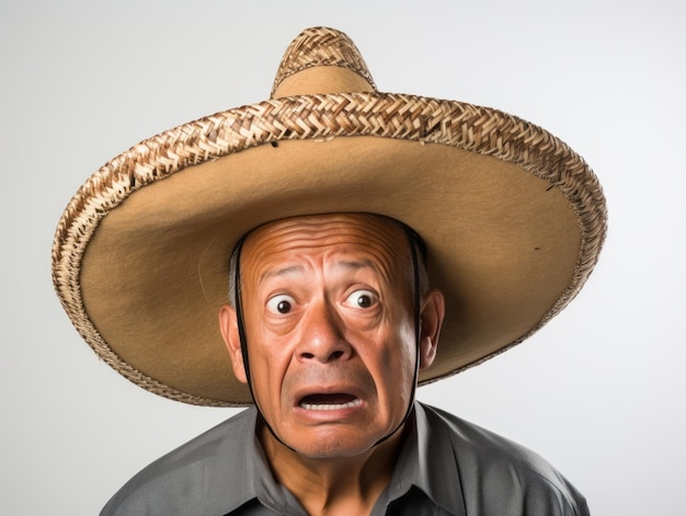 Homem mexicano em pose emocional em fundo branco