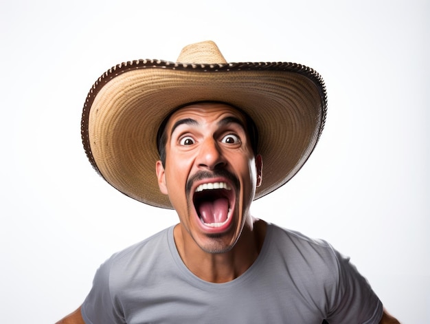 Homem mexicano em pose emocional em fundo branco