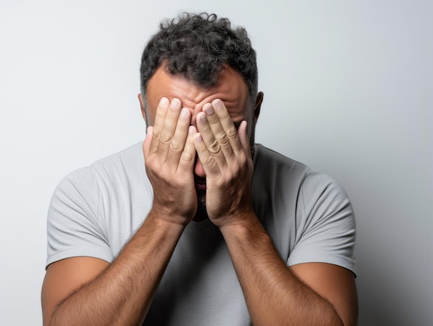 Homem mexicano em pose emocional em fundo branco