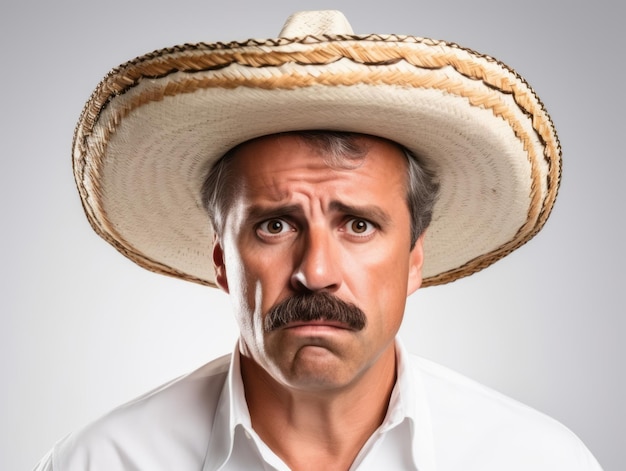 Homem mexicano em pose emocional em fundo branco