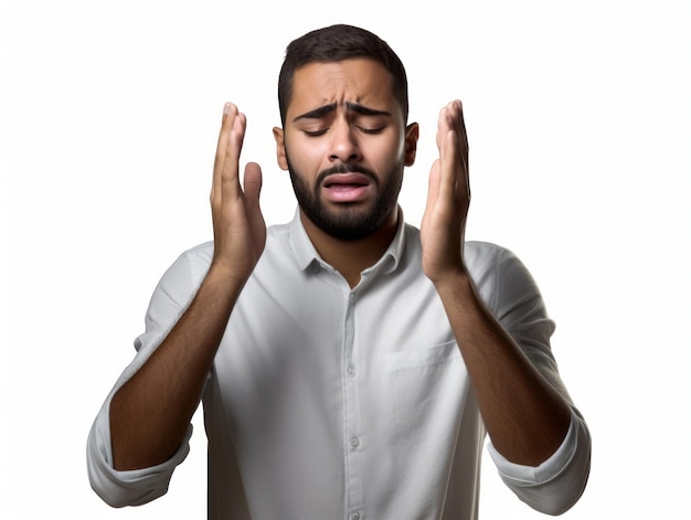 Homem mexicano em pose emocional em fundo branco