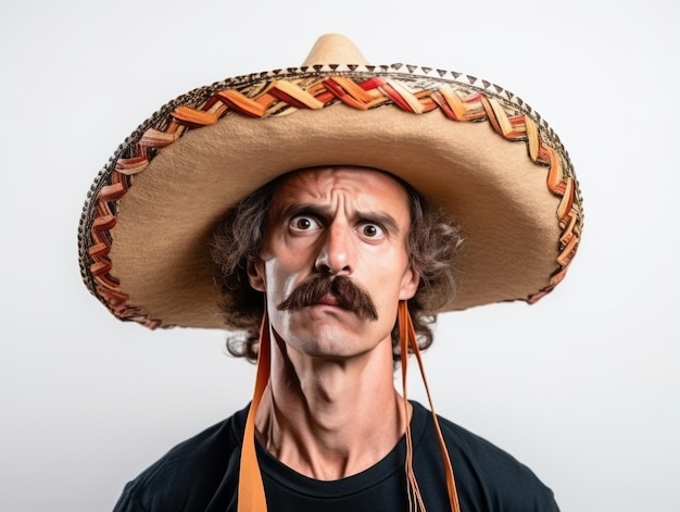 Homem mexicano em pose emocional em fundo branco