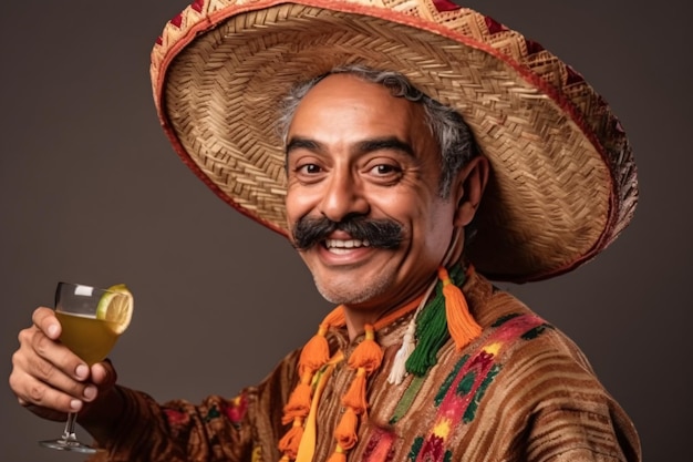 Homem mexicano feliz em sombrero e poncho brilhante com bebida isolada sobre fundo colorido Comemorando feriado nacional de Cinco de Mayo Generative Ai