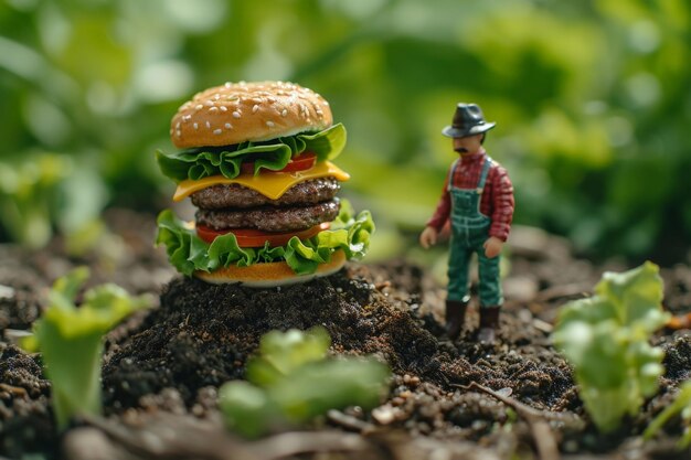 Foto homem minúsculo de pé em um hambúrguer gigante em um campo vibrante de plantas verdes conceito surreal e caprichoso