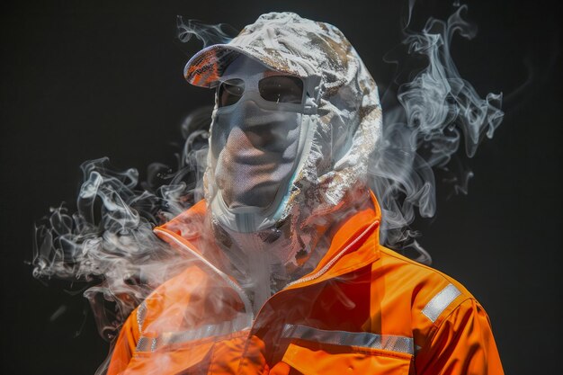 Homem misterioso envolto em fumaça giratória vestindo equipamento de segurança laranja em fundo escuro