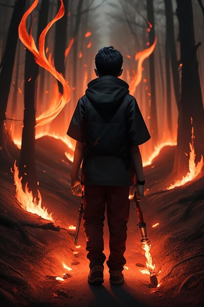 Foto homem misterioso vindo de um caminho na floresta com conceito flambeau ardente