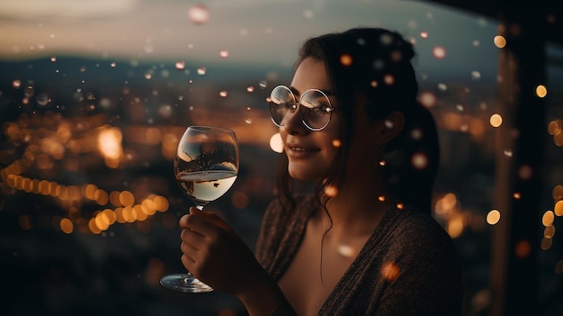 Homem modelo de sorriso AI generativo desfrutando de vinho tinto através de um copo de bolhas com uma paisagem urbana ao pôr do sol ao fundo