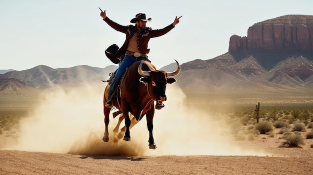 Foto homem montando um touro no deserto