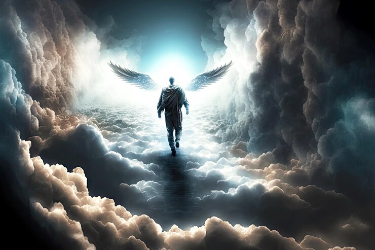 Foto homem morto caminhando pela escada para o céu e se tornando um anjo