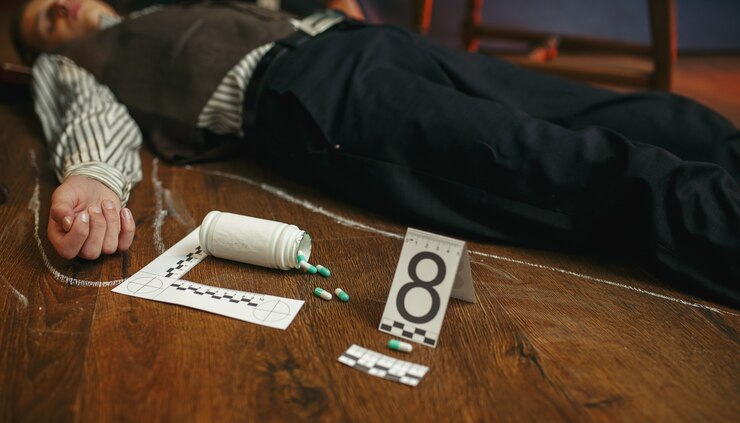Foto homem morto e frasco de comprimidos na cena do crime, envenenamento por drogas