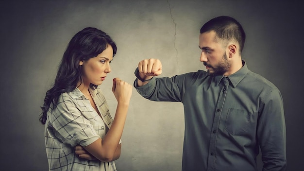 Homem mostra punho na frente de mulher pessoas conceito de crime de violência familiar