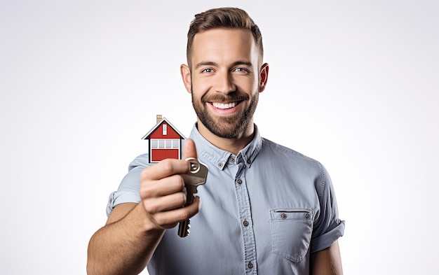 homem mostrando a pose de venda de casa publicitária no fundo branco