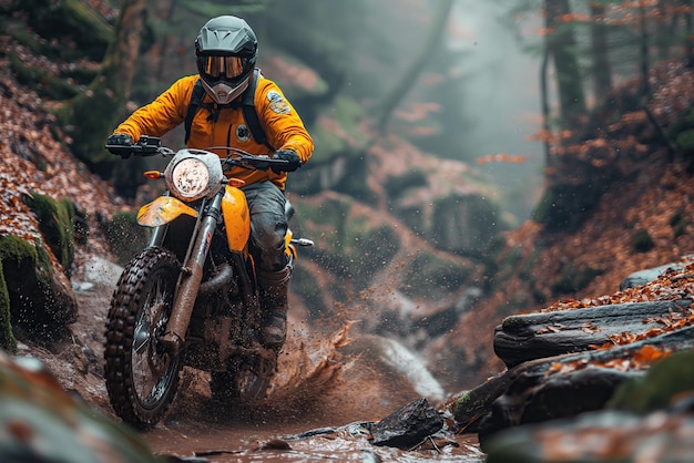 Foto homem motociclista de corrida em uma motocicleta de enduro esportiva montando em corrida em estrada de floresta suja