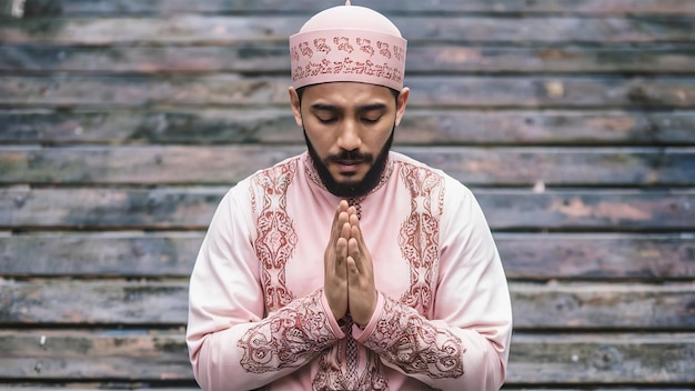 Foto homem muçulmano asiático com vestido tradicional a rezar