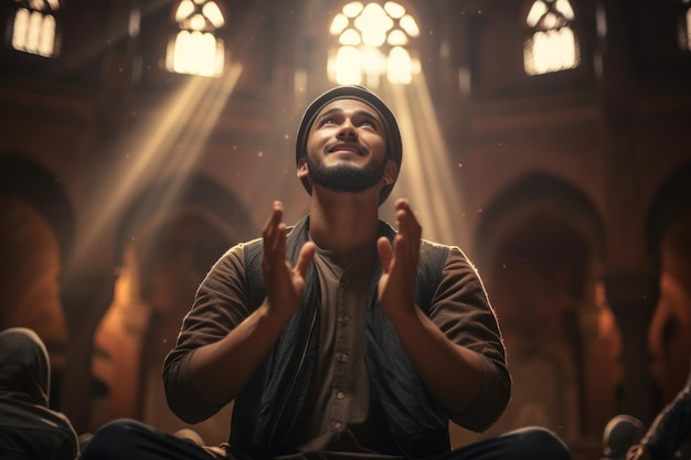 Homem muçulmano asiático sentado enquanto levanta as mãos e reza na mesquita