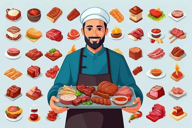 Foto homem muçulmano bonito segurando carne churrasco desenho animado ícone vetorial ilustração pessoas ícone de comida isolado