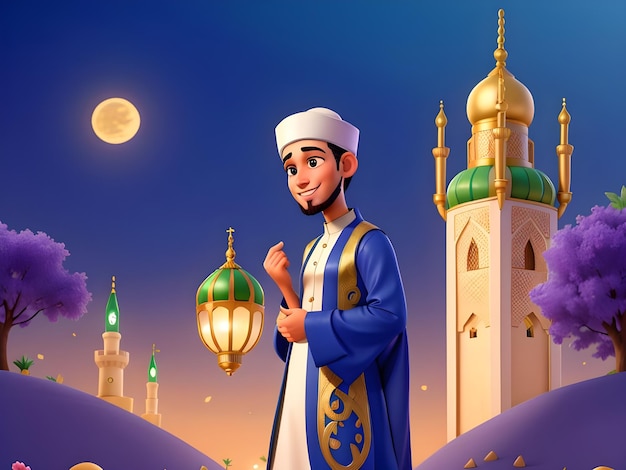 Foto homem muçulmano cumprimentando celebração ramadan kareem imagem de ilustração plana ai gerar imagem