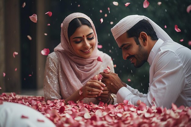 Homem muçulmano derramando pétalas de rosa sobre a cabeça de sua esposa durante o Eid Mubarak